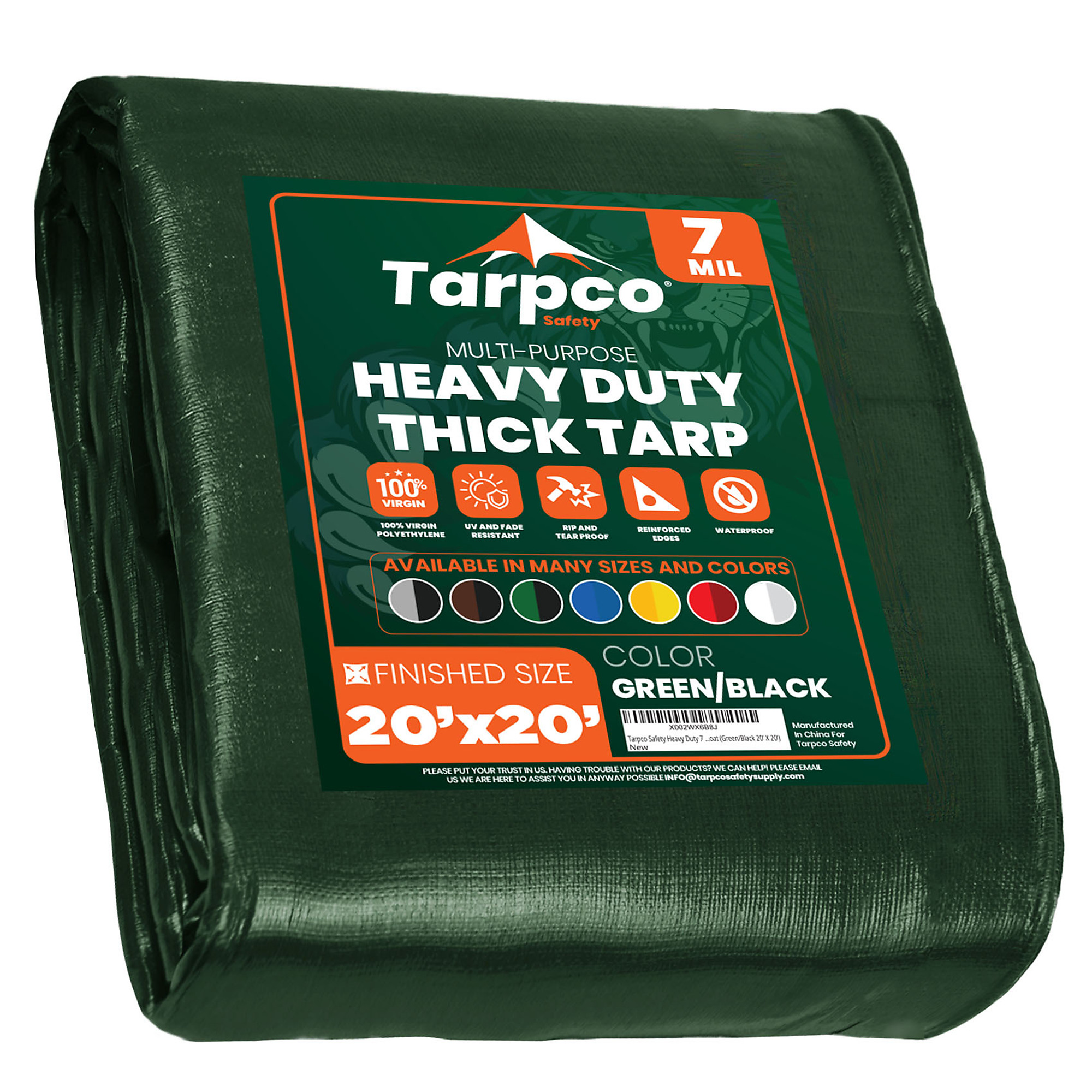 Tarpco Safety Heavy Duty 7 Mil Tarp Cover, Waterproof, UV Resistant, Rip and Tear Proof, Poly Tarpaulin with Reinforced Edges for Roof, Camping, Patio, Pool Cover, Boat (Green/Black 20' X 20')